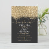 Moderne Luxus Gold Black Glitzer Confetti Wedding Save The Date (Stehend Vorderseite)