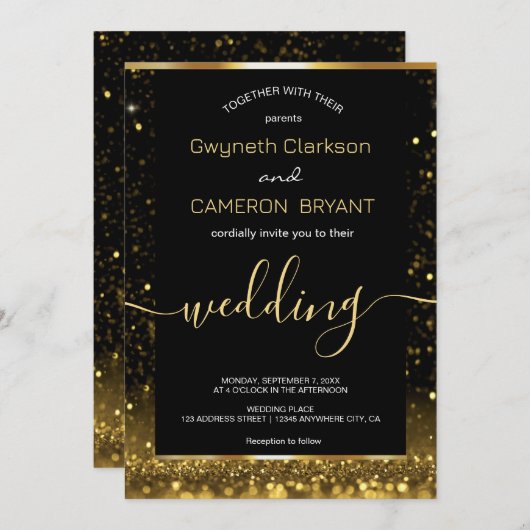 Moderne Luxus Gold Black Glitzern Einladung (Vorne/Hinten)