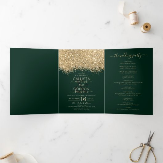 Moderne Luxus Gold Green Glitzer Confetti Wedding Dreifach Gefaltete Ankündigung (Innenseite)