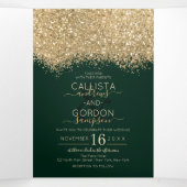Moderne Luxus Gold Green Glitzer Confetti Wedding Dreifach Gefaltete Ankündigung (Innenseite Mitte)