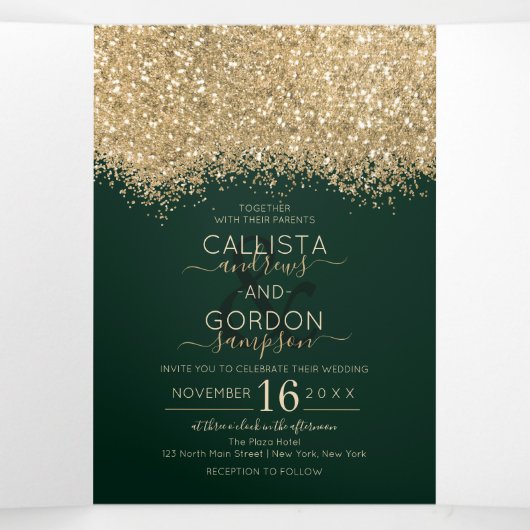 Moderne Luxus Gold Green Glitzer Confetti Wedding Dreifach Gefaltete Ankündigung (Innenseite Mitte)