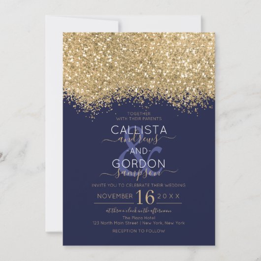 Moderne Luxus Gold Navy Glitzer Confetti Wedding Einladung (Vorderseite)