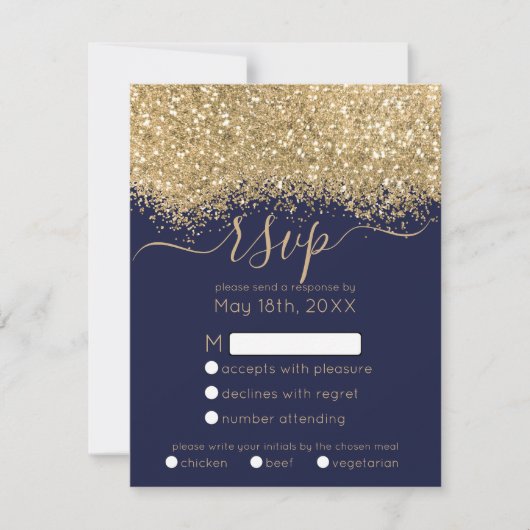 Moderne Luxus Gold Navy Glitzer Confetti Wedding RSVP Karte (Vorderseite)