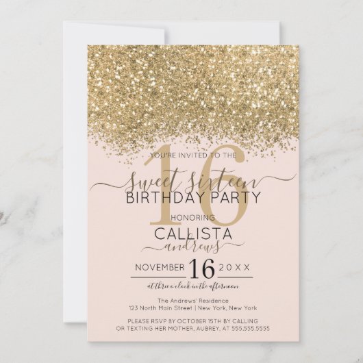 Moderne Luxus Gold Pink Glitzer Confetti Sweet 16 Einladung (Vorderseite)