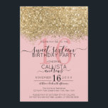 Moderne Luxus Gold Pink Glitzer Confetti Sweet 16 Einladung<br><div class="desc">Das elegante, glamouröse und moderne 16 . Geburtstag Geburtstagsfest lädt zum zeitgenössischen und stilvollen Teenager ein. Es verfügt über ein Imitat gedruckt Gold funkelnd Glitzer Konfetti gesprenkelt Farbe Block auf einem einfachen rot rosa Hintergrund mit einer großen Zahl "16" in einem passenden dunkelrosa. Die Rückseite zeigt den gleichen Glitzer, aber...</div>
