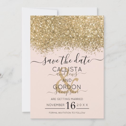 Moderne Luxus Gold Pink Glitzer Confetti Wedding Save The Date (Vorderseite)