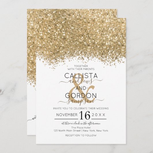 Moderne Luxus Gold Weißer Glitzer Confetti Wedding Einladung (Vorne/Hinten)