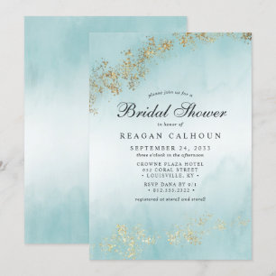 Moderne Luxus-Goldflocken-Teal-Nebel-Brautparty Einladung