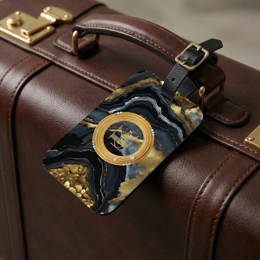 Moderne Luxus-Schwarz-Gold-Achat-Marmor-Monogramm Gepäckanhänger