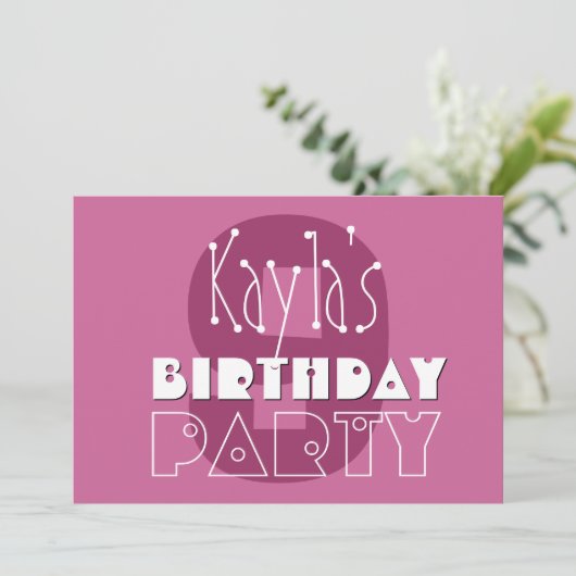 Moderne Mädchen 9th Birthday Pink Stars Ver 002 W6 Einladung (Stehend Vorderseite)