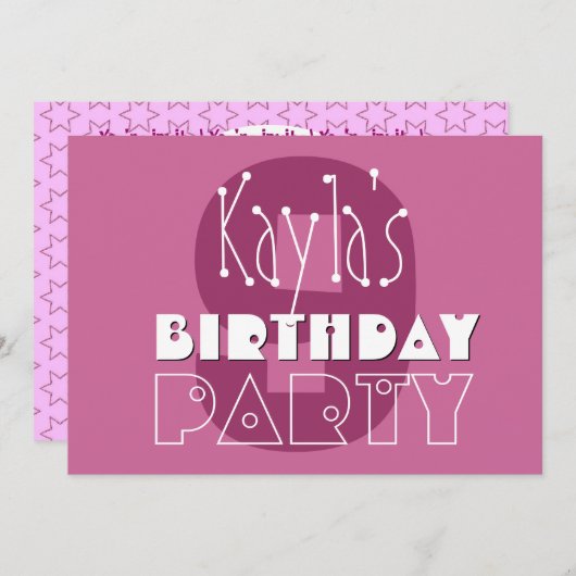 Moderne Mädchen 9th Birthday Pink Stars Ver 002 W6 Einladung (Vorne/Hinten)