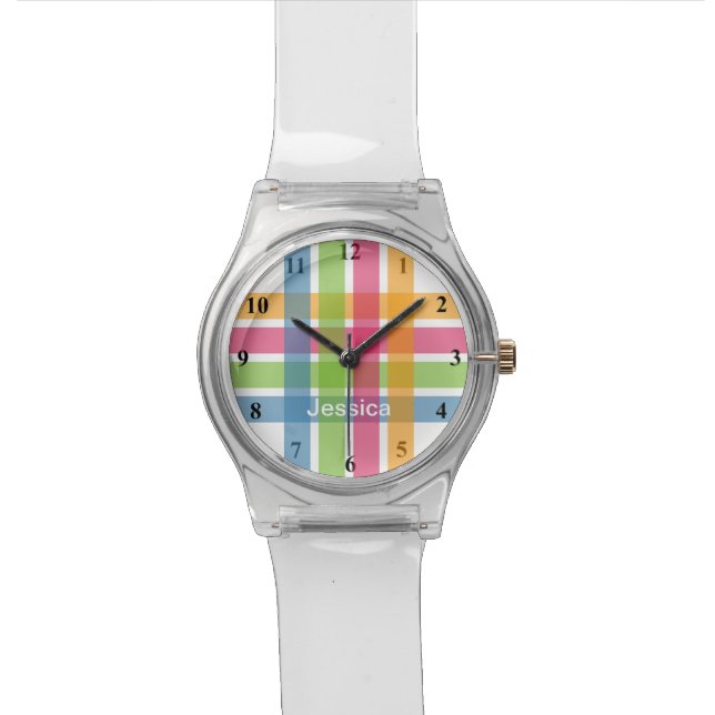 Moderne Mädchen beobachten mit bunten Pastellstrei Armbanduhr (Nahaufnahme)