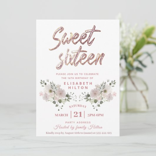 Moderne mädchenhafte Glitzer-Typografie süß 16 Einladung (Stehend Vorderseite)