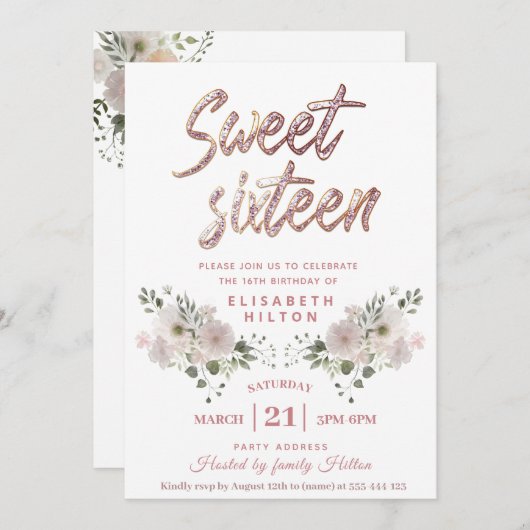 Moderne mädchenhafte Glitzer-Typografie süß 16 Einladung (Vorne/Hinten)