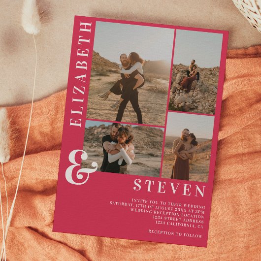 Moderne Magenta Ampere und 5 Foto Grid Hochzeit Einladung