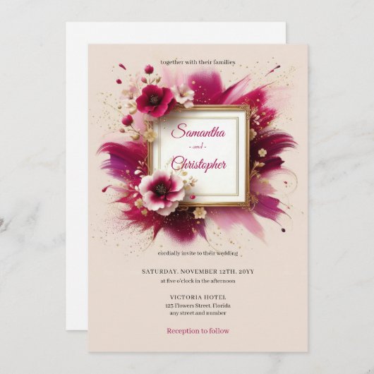 Moderne Magenta-Blume und Goldrahmen-Hochzeit Einladung (Vorne/Hinten)