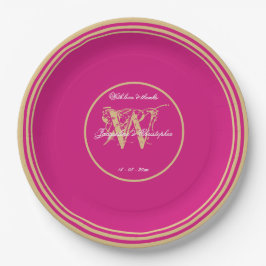 Moderne Magenta + Gold Monogram Chic Wedding Pappteller
