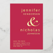 Moderne Magenta Hochzeit rettet das Datum Gold Folieneinladung (Vorderseite)