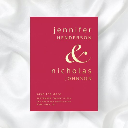 Moderne Magenta Hochzeit rettet das Datum Gold Folieneinladung