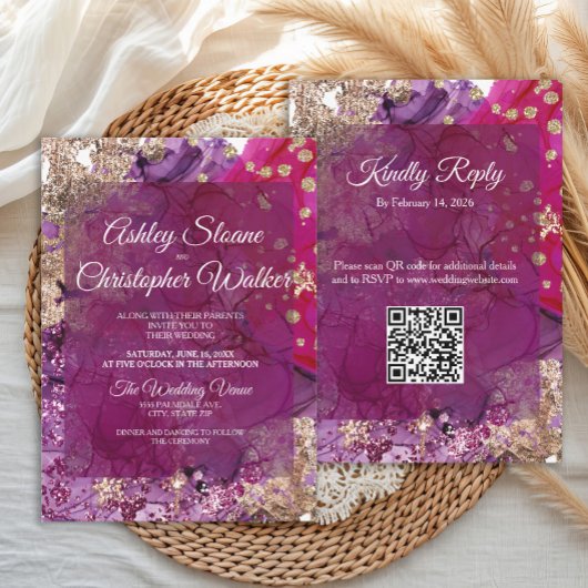 Moderne Magenta-Pflaume-Gold-QR-Code-Hochzeit Einladung