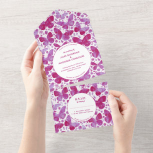 Moderne Magenta Pink Aquarellbilder Schmetterlings All In One Einladung