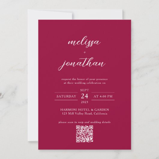 Moderne Magenta Red Foto Script QR Code Hochzeit Einladung (Vorderseite)