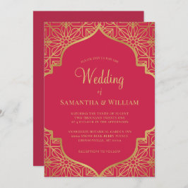 Moderne Magenta Red Gold Hochzeitseinladung Einladung