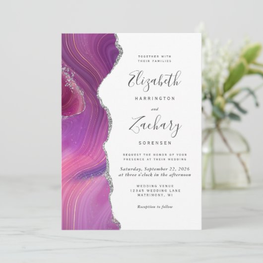 Moderne Magenta Silver Agate Wedding Einladung (Stehend Vorderseite)