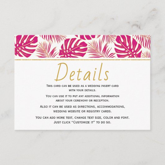 Moderne magenta tropische Blätter Hochzeitsdetails Begleitkarte (Vorderseite)