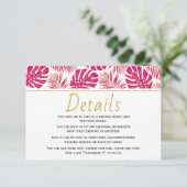 Moderne magenta tropische Blätter Hochzeitsdetails Begleitkarte (Stehend Vorderseite)