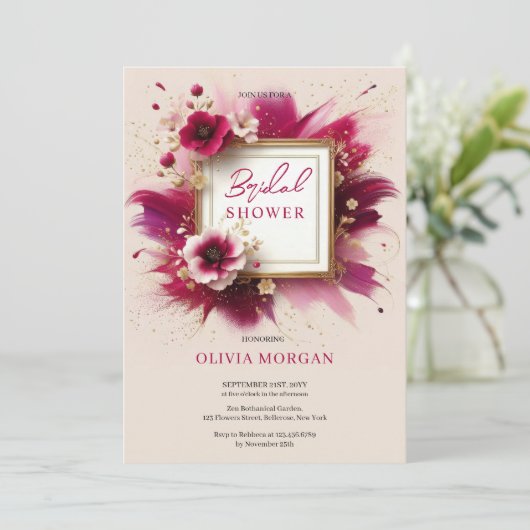 Moderne magentinrosa Blume Goldrahmen Bridal Einladung (Stehend Vorderseite)