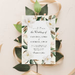 Moderne Magnolia Blumen Hochzeit Einladung<br><div class="desc">Dieses Design ist mit einem floralen Rahmen mit Magnolienblüten und Text in der Mitte ausgestattet. Der marineblaue Rücken ergänzt die Aquarellfarben und das grüne Blattwerk. Text und Farbe können geändert werden.</div>