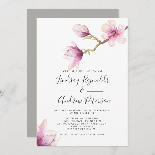 Moderne Magnolia Hochzeitseinladung Einladung (Vorne/Hinten)
