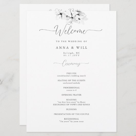 Moderne Magnolia Schwarz-weiße Hochzeitsfeier Programm (Vorne/Hinten)