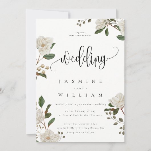 Moderne Magnolien-Hochzeit Einladung (Vorderseite)