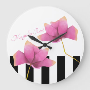 Moderne Magnolische Rose mit schwarzen und weißen Große Wanduhr