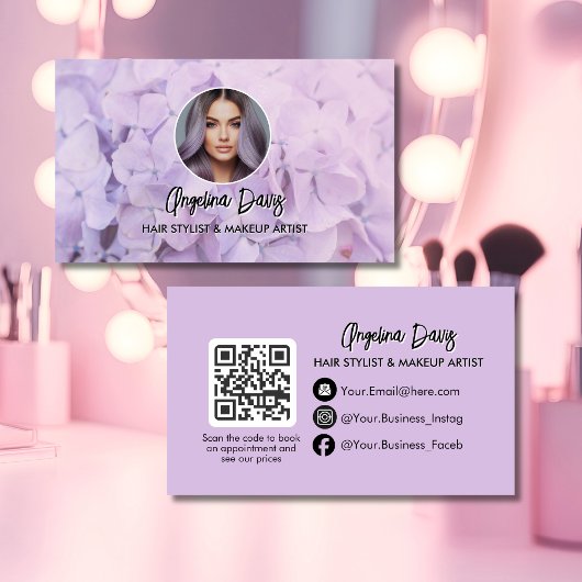 Moderne Make-up-Blumenmuster-lila Foto-QR-Code Visitenkarte