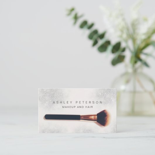 Moderne Make-up-Bürste Foto Silber Glitzer Staub Visitenkarte (Stehend Vorderseite)