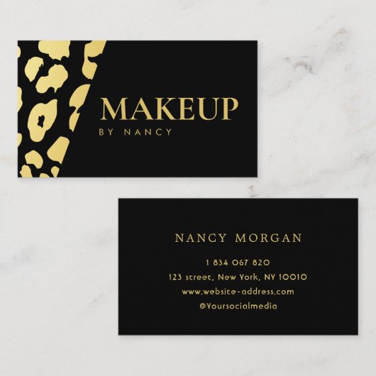 Moderne Makeup Leopard Print Black and Gold Visitenkarte (Vorne/Hinten)