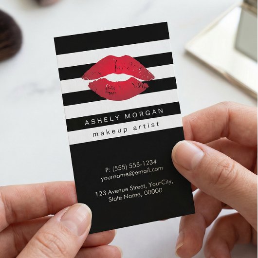 Moderne Makeup Red Lips - Chic Schwarz-weiß Strips Visitenkarte