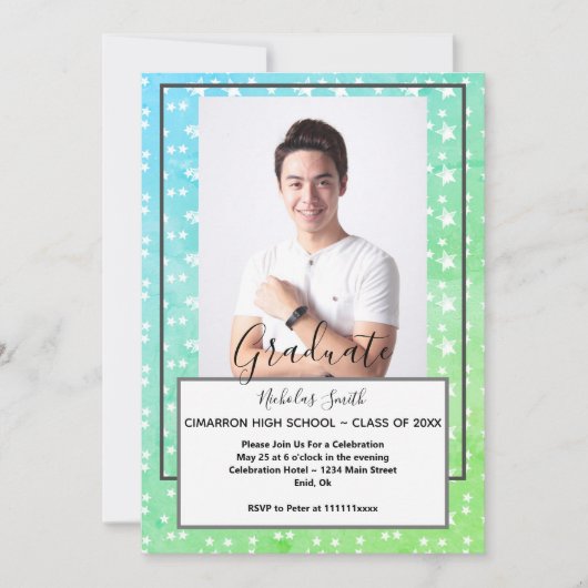 MODERNE MALE GRAD GREEN STARS | SCHULATIONSPARTEI EINLADUNG (Vorderseite)