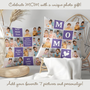 Moderne MAMA 12 FotoCollage Personalisiert Lila Kissen