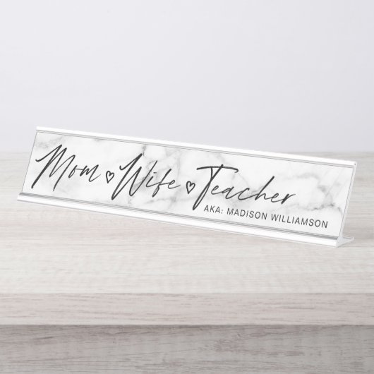 Moderne Mama, Ehefrau, Lehrer Weiß & Grau Marmor Schreibtischnamensplakette (Vorderseite )
