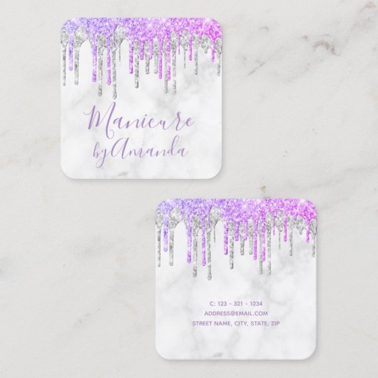 Moderne Maniküre aus lila und Marmor Glitzer Tropf Quadratische Visitenkarte (Vorne/Hinten)