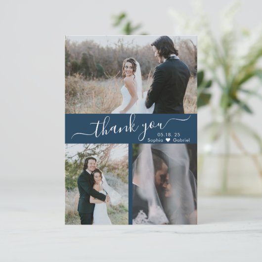 Moderne Marine 3 Foto Collage Wedding Vielen Dank Dankeskarte (Stehend Vorderseite)