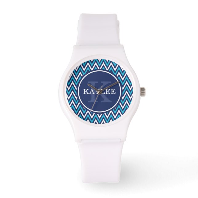 Moderne Marine Aqua Blue Zickzack & Monogram Armbanduhr (Vorderseite)