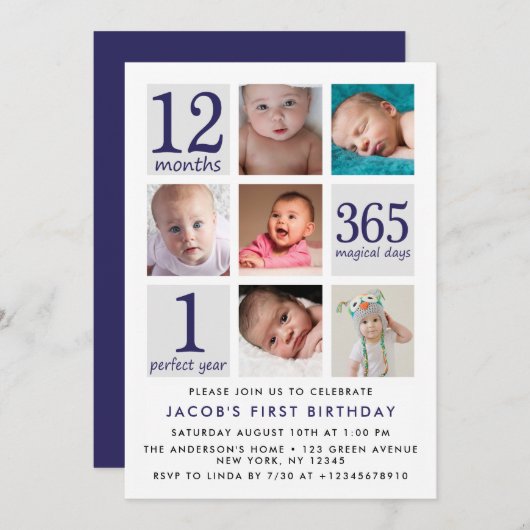 Moderne Marine-Blau-Foto-Collagen-erster Einladung (Vorne/Hinten)