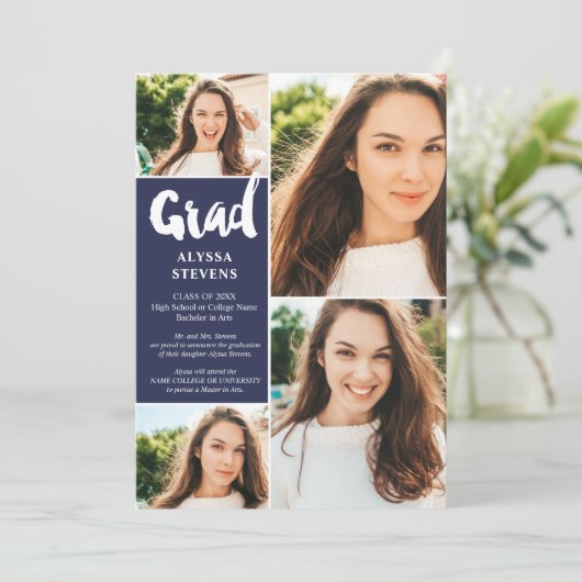 Moderne Marine Blue Grad Drehbuch 4 Fotos Abschlus Einladung (Stehend Vorderseite)