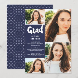 Moderne Marine Blue Grad Drehbuch 4 Fotos Abschlus Einladung