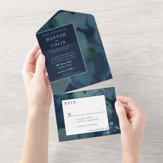 Moderne Marine Emerald Abstrakt Watercolor All In One Einladung